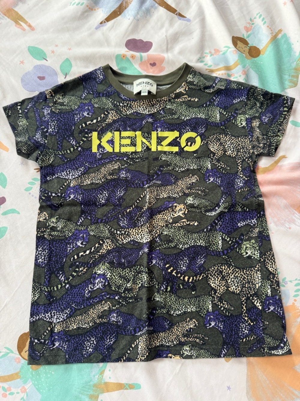 Kenzo Black Tee with Purple & Yellow Leopard Print Logo